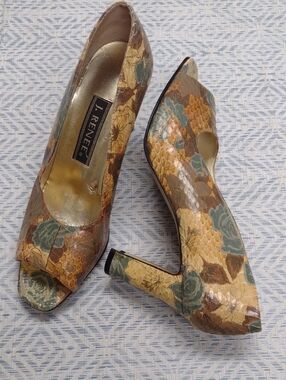 J.Renee Floral Snakeskin Peep-Toe Heels in Brown and Green